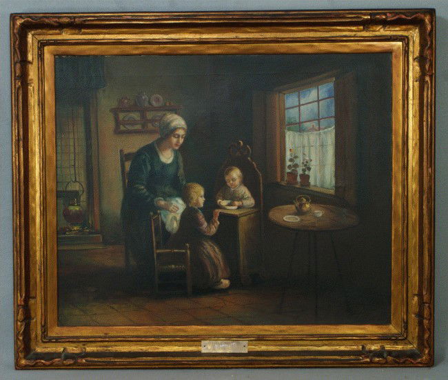 Attributed to Evert Pieters, Dutch, 1856-1932, o/c: Attributed to Evert Pieters, Dutch, 1856-1932, o/c, Kitchen Interior with Mother and Children, 21" x 26", bearing a brass tag with the artists name, the canvas is unsigned