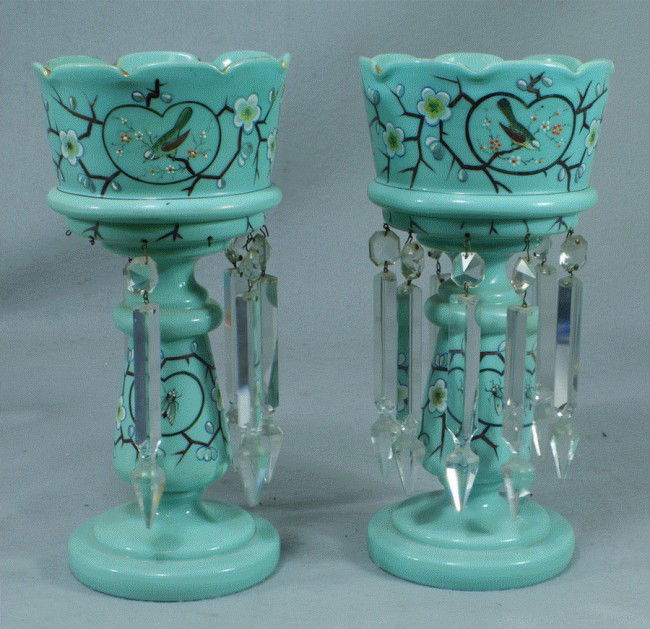 Pr turquoise glass lusters with enameled bird, flo: Pr turquoise glass lusters with enameled bird, floral, and vine decoration, tip broken off one crystal, 12 1/4" tall