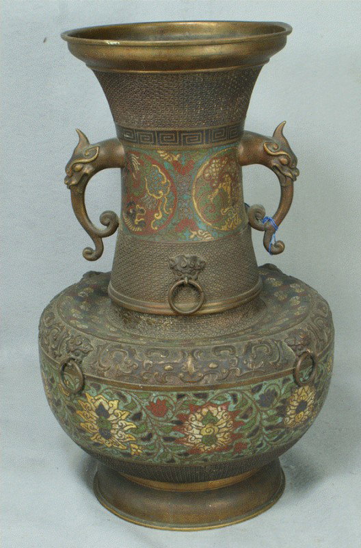 Champleve urn with foo lion handles, 19" tall, top: Champleve urn with foo lion handles, 19" tall, top rim with slightly flattened edge