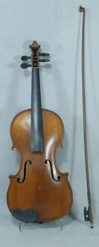 German violin bearing a Stradivarius label: German violin bearing a Stradivarius label, nice figured maple 2 pc back, sides, and neck, 14 1/8" body, with an unmarked bow