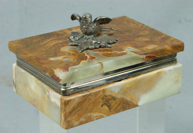 Russian Polish jewelry box, onyx stone case with s: Russian Polish jewelry box, onyx stone case with sterling silver bird on top, 5 1/2" x 4" x 3 3/4"