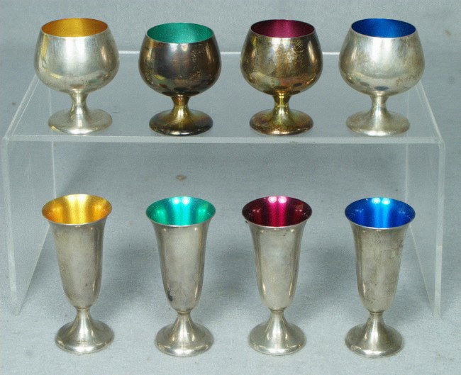 Set of (8) Gorham sterling silver enameled liquor : Set of (8) Gorham sterling silver enameled liquor cups, yellow, green, magenta and blue, tallest measures 3" h, 5.24 TO