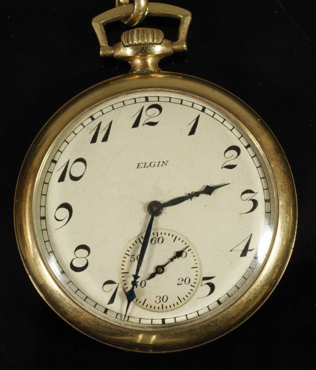 Elgin gold filled hunter pocket watch, with chain,: Elgin gold filled hunter pocket watch, with chain, Illinois Watch Case Co., Ramona, works when wound, 1 3/4" dia