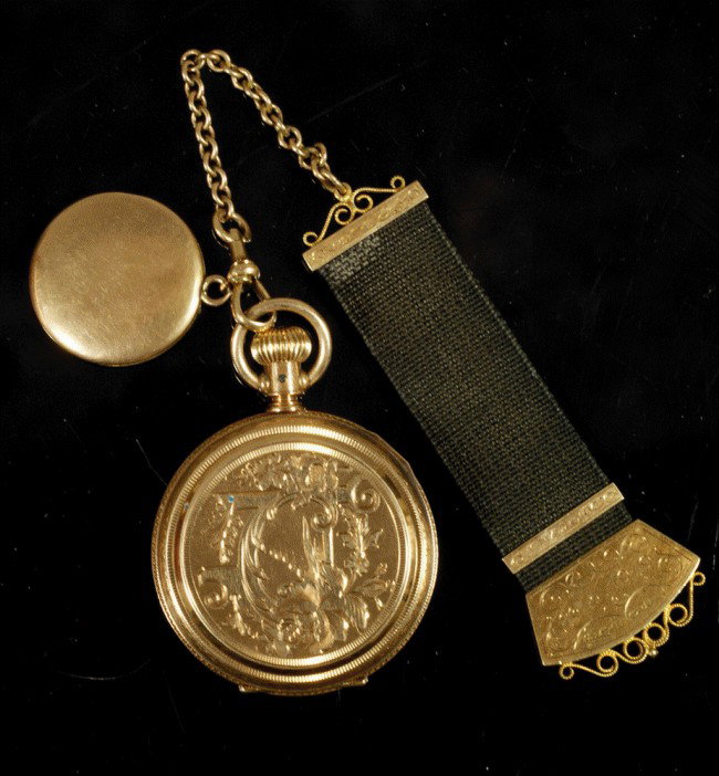 14K YG Elgin hunt case pocket watch, has 14K YG Co: 14K YG Elgin hunt case pocket watch, has 14K YG Continental FOB, stamped 585, has gold filled locket containing a lady's portrait and a worn US 3 cent pc, floral engraved decoration, Special Edition S
