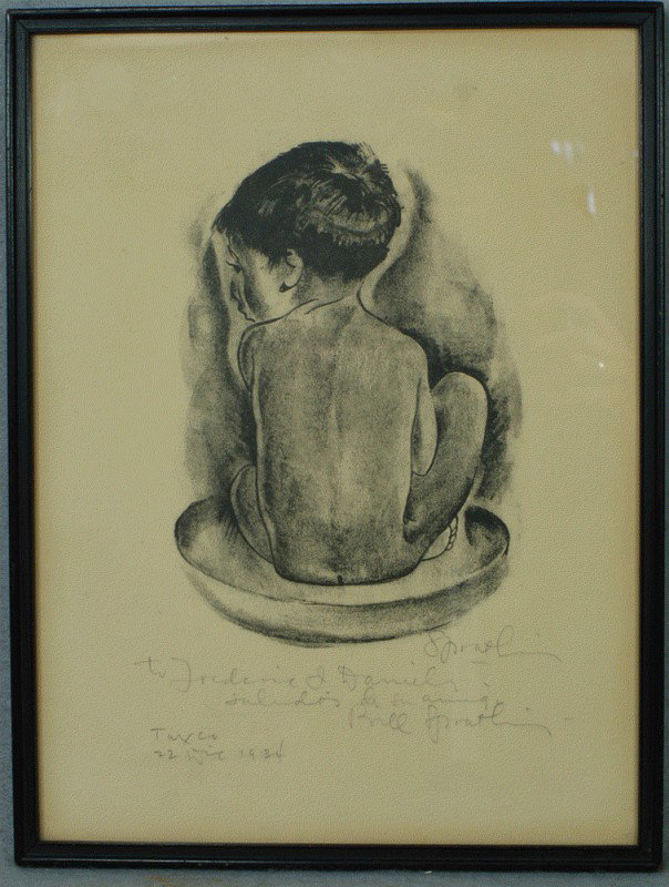 William Spratling, American, 1900-1967, the founde: William Spratling, American, 1900-1967, the founder of the Taxco silver industry, black and white lithograph of a young Mexican boy seated from the rear, pencil signed and dated 1934, personal inscrip