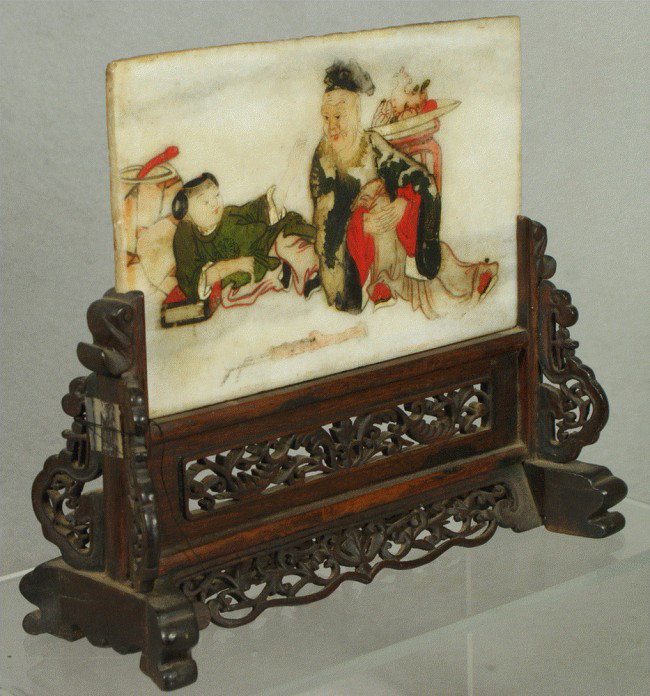 Painted stone Chinese table screen, carved wood ba: Painted stone Chinese table screen, carved wood base, 8 1/4" h, 9" w