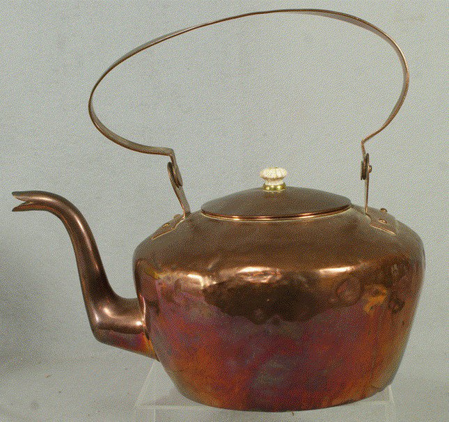 Signed 19th c copper tea kettle, stamped H Reicart: Signed 19th c copper tea kettle, stamped H Reicart on top of handle, dovetailed seams, 12 1/2" tall