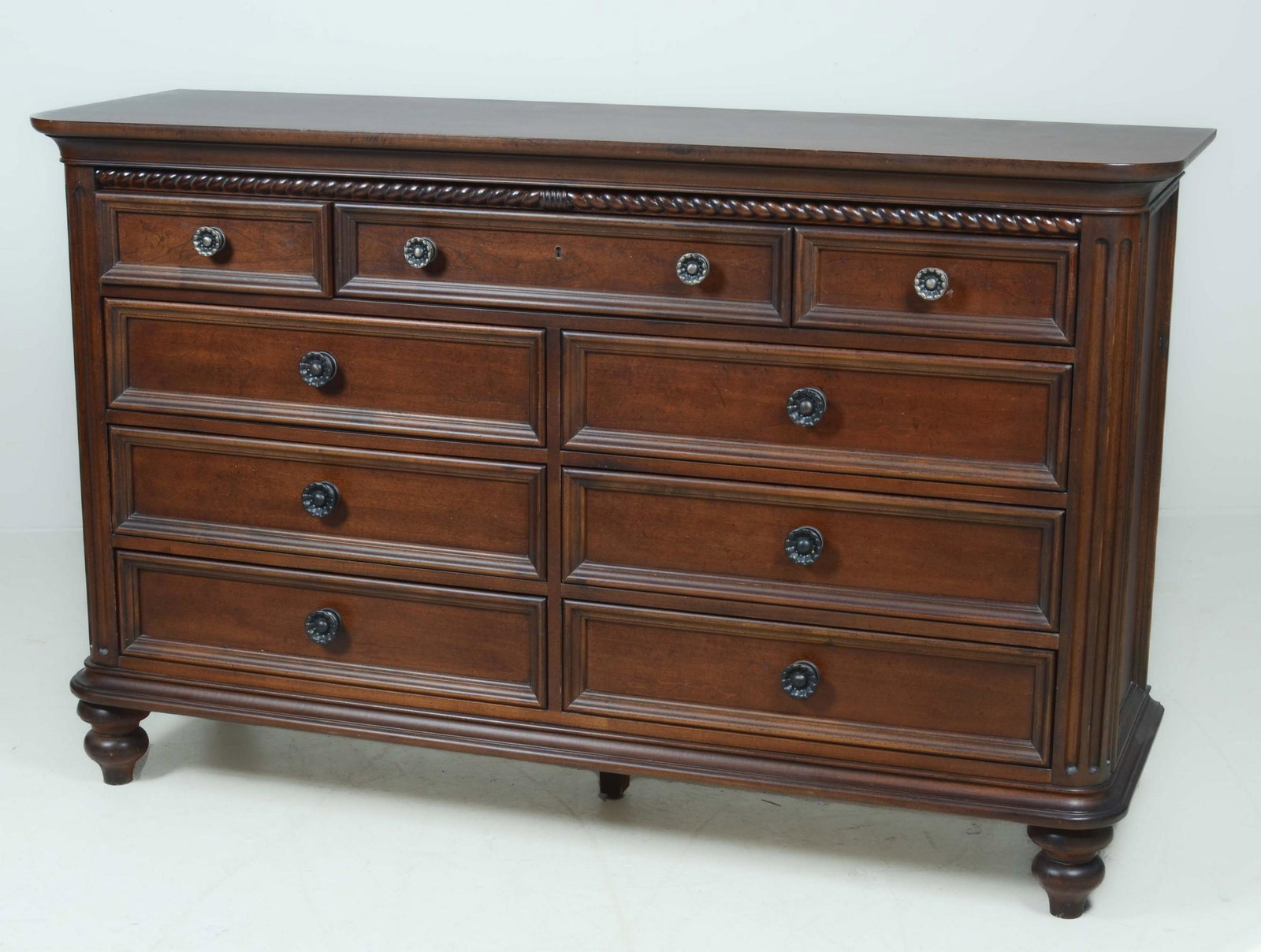 A Baroque style walnut chest, modern: A Thomasville Baroque style walnut chest of drawers, Ernest Hemingway Collection, height 40in; width 64in; depth 20in