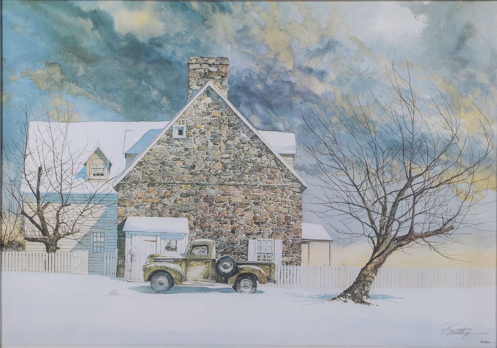 Peter Sculthorpe Signed Lithograph: Peter Sculthorpe (America, b 1948) signed lithograph house with pickup truck, offset lithograph on paper, pencil signed "P. Sculthorpe", unnumbered, 20" x 28" sight, framed 28-1/4" x 36-1/4", good con