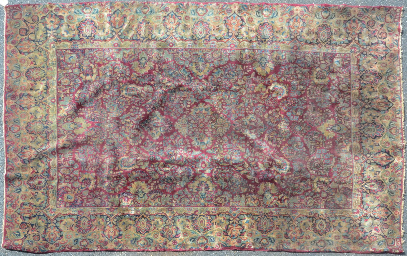 8'7" X 12" Semi-antique Persian Painted Saruck Rug: 8'7" X 12" Semi-antique Persian Painted Saruck Rug, fading, stains, furniture impressions, dry rot, please see photos for any specific condition concerns.