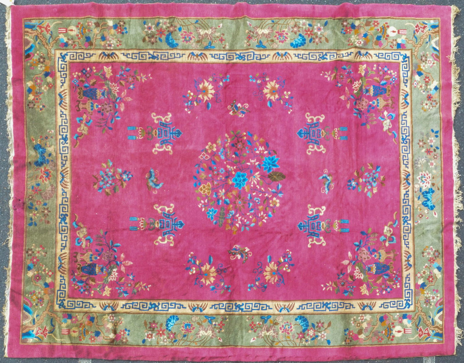 9' X 11'6" Semi-antique Art Deco Chinese Rug: 9' X 11'6" Semi-antique Art Deco Chinese Rug, circa 1930s, holes, stains, furniture impressions, please see photos for any specific condition concerns.