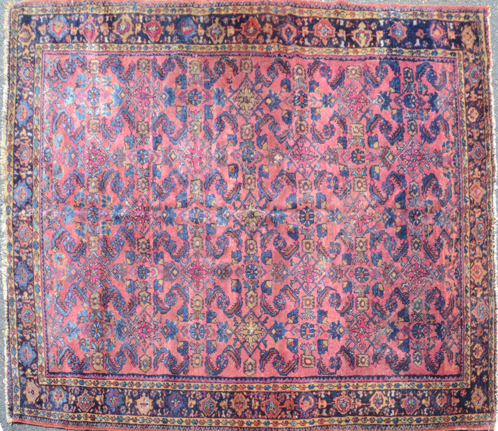 5'5" X 6'3" Antique Persian Lilihan Rug: 5'5" X 6'3" Antique Persian Lilihan Rug, circa 1930s, frayed edges, fading, threadbare, please see photos for any specific condition concerns. No moth damage, many low spots, no cracking when rolled