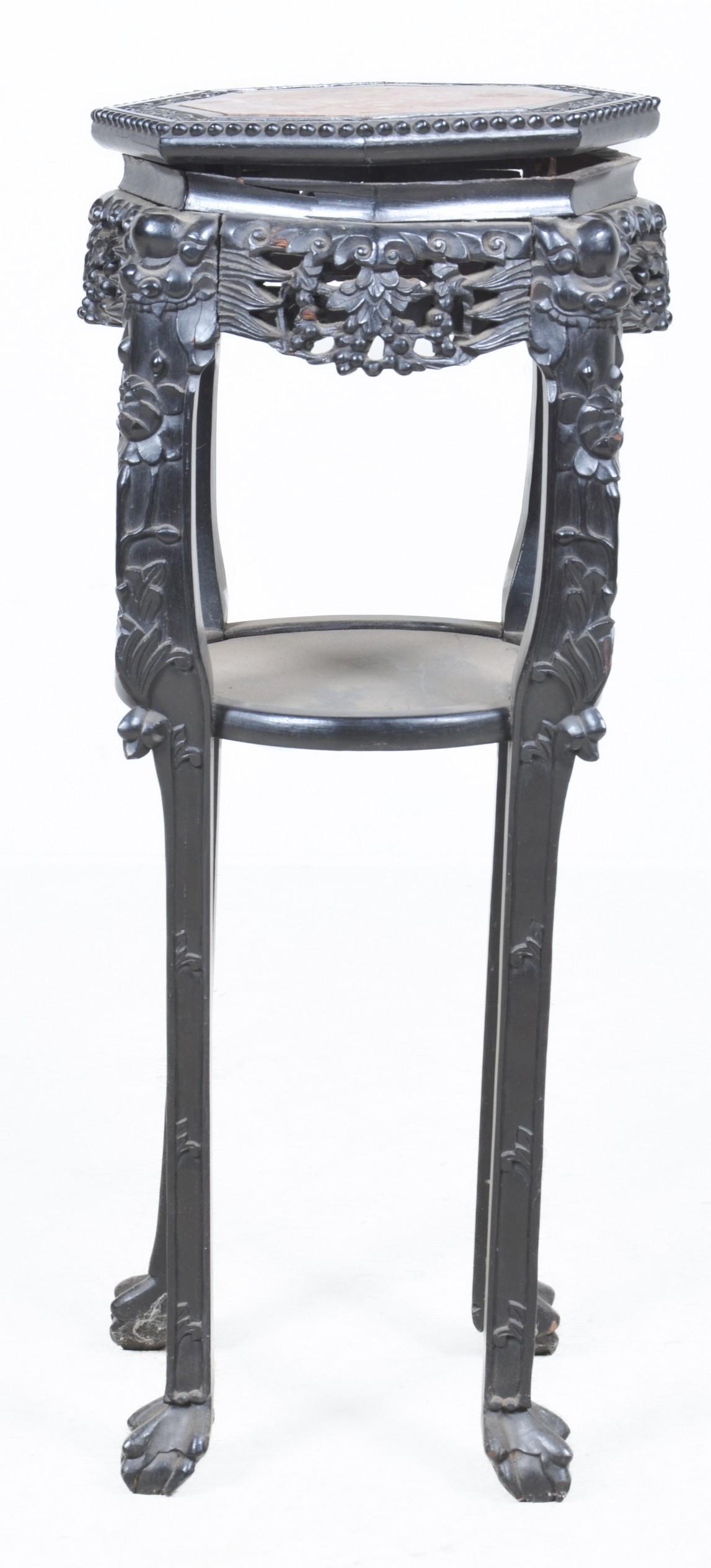 Chinese carved hardwood and inset marble pedestal (1 of 4)