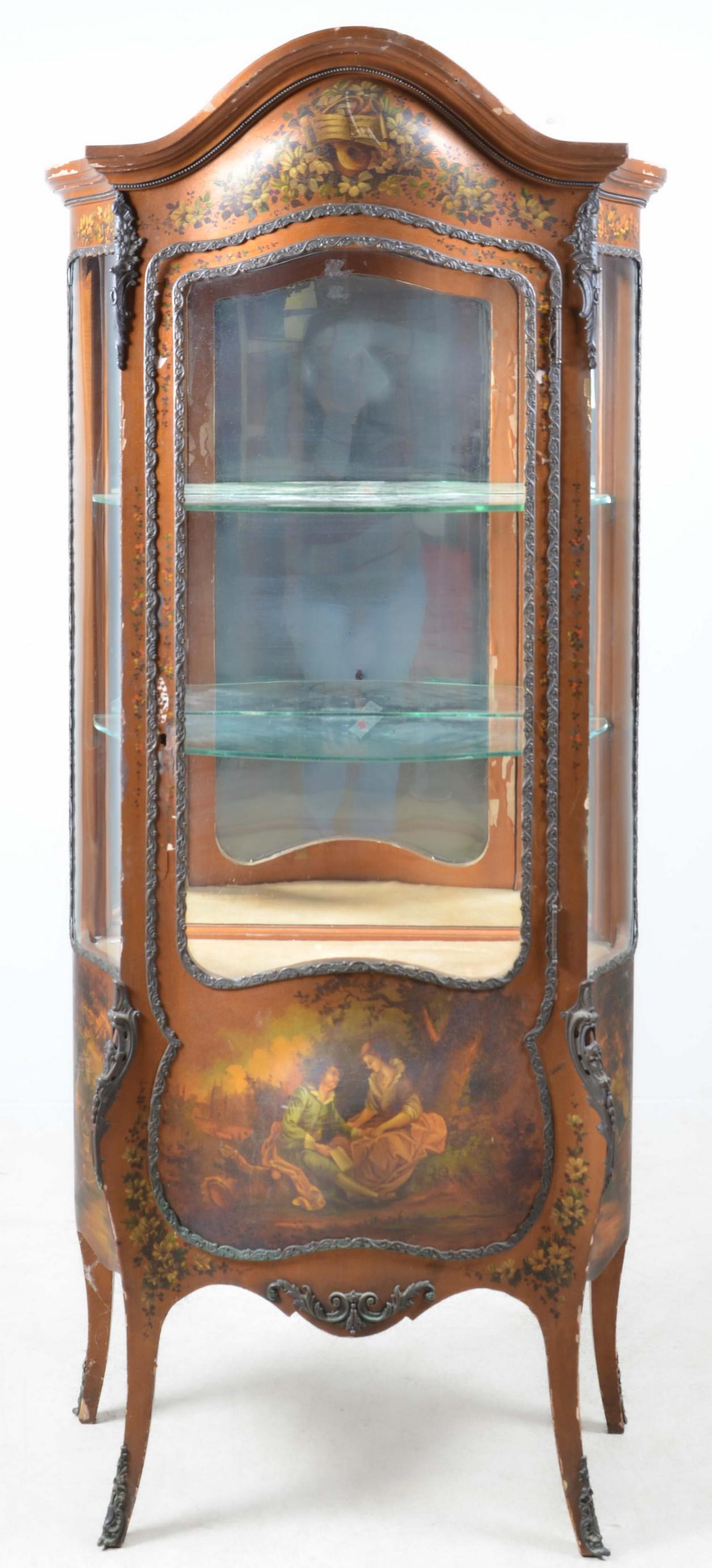 A Louis XV style Vernis Martin vitrine: A Louis XV style gilt bronze mounted Vernis Martin vitrine, first half 20th century, the interior having a mirrored back and fitted with two glass shelves, height 68 in; width 30 1/2in; depth 15 1/2in