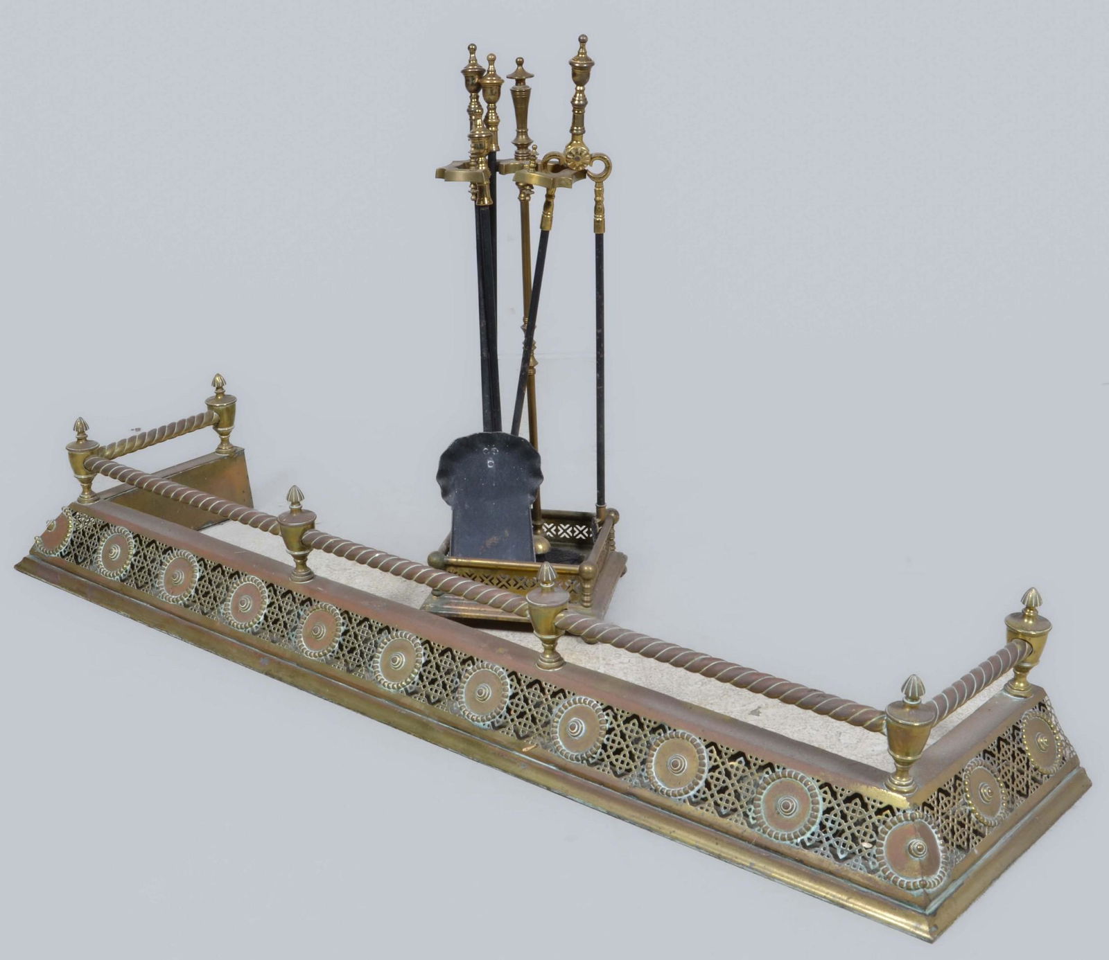 Victorian brass fireplace fender and set of iron tools (1 of 5)