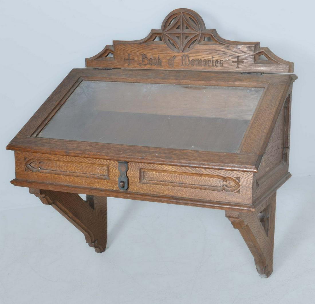 A Gothic Revival carved oak hanging slant lid wall box (1 of 3)