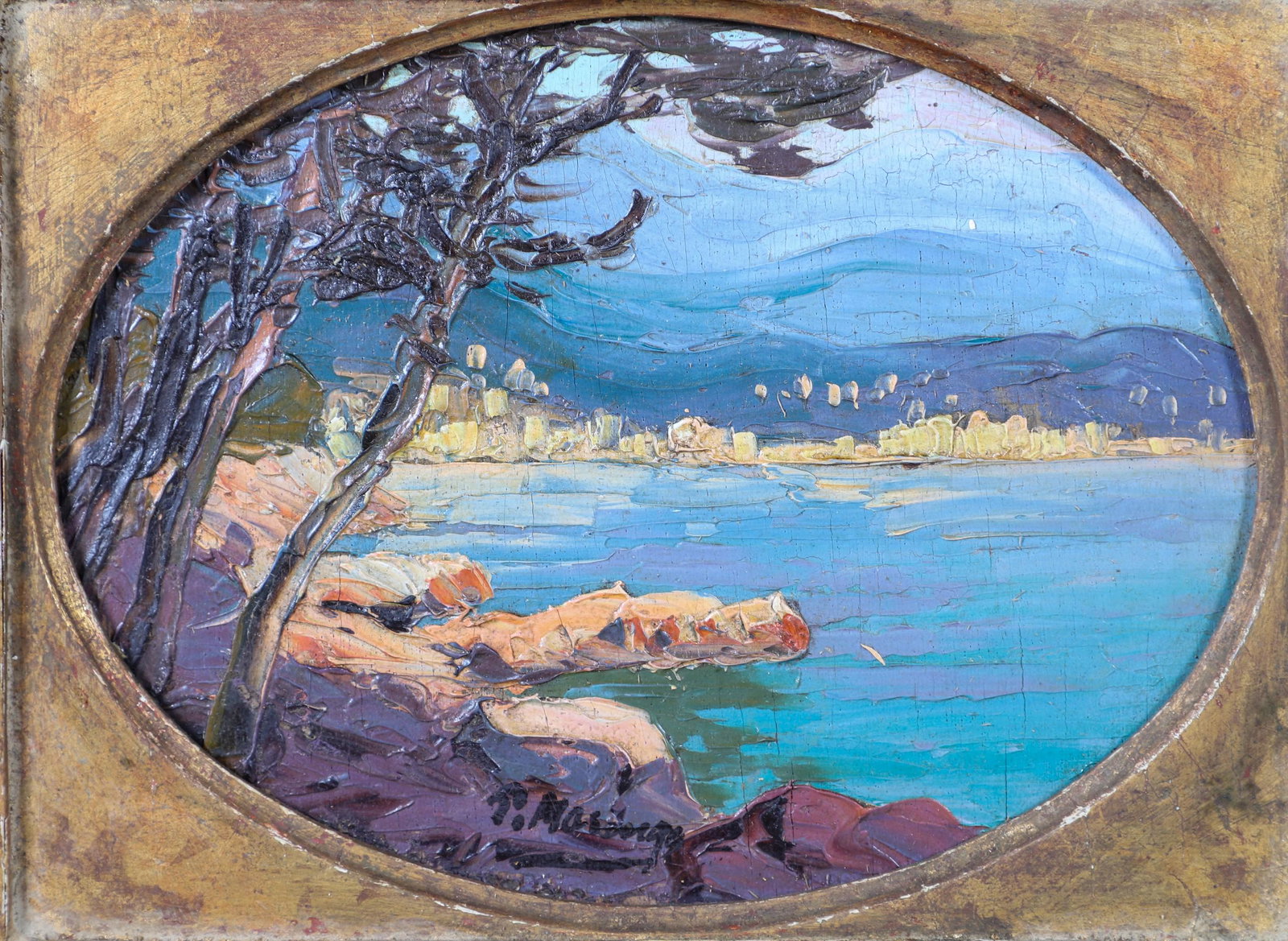 Italian Coastal Landscape Painting: Italian coastal landscape painting, oil on wood panel, illegibly signed, in carved Italian gilt wood frame, 5-7/8" x 7-7/8", framed 10-1/8" x 12-1/4", good condition