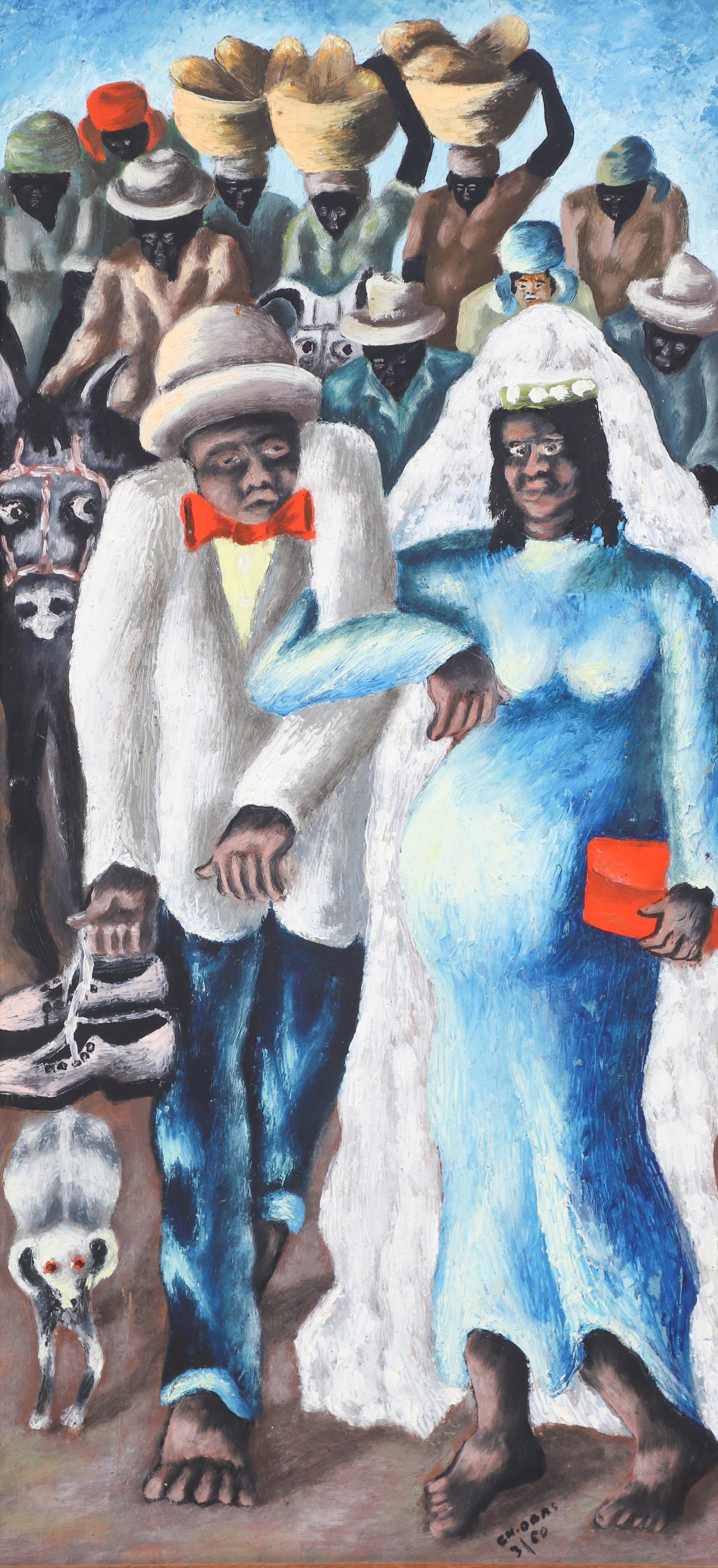 Charles Obas Painting "Haitian Wedding": Charles Obas (Haitian, 1927-1968) painting "Haitian Wedding", oil on masonite, signed "Ch. Obas", 24" x 11-3/4", farmed 30-1/4" x 18" good condition