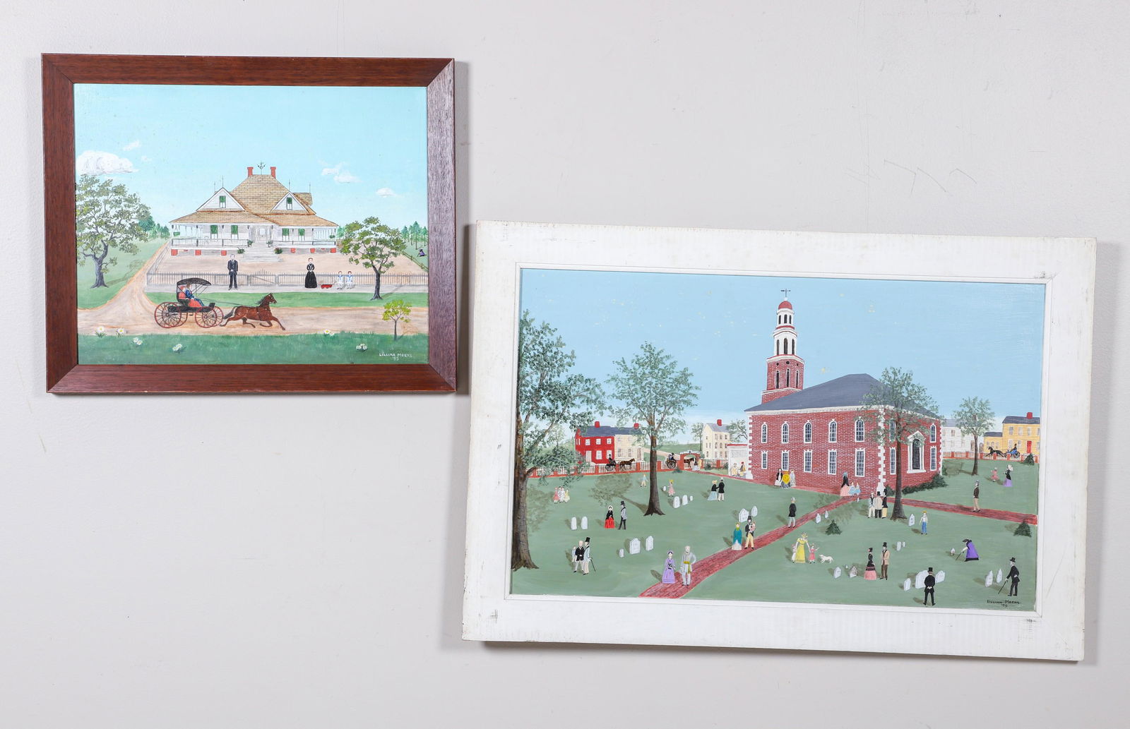 (2) Lillian Meeks Folk Art Paintings: (2) Lillian Meeks, 20th C American, folk art paintings depicting outdoor scenes, oil on masonite, signed "Lillian Meeks", largest 19" x 24", largest framed 34-1/2" x 23-1/2", good condition