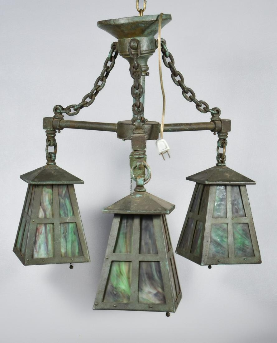 Arts and Crafts Style Verdigris Slag Glass Chandelier (1 of 2)
