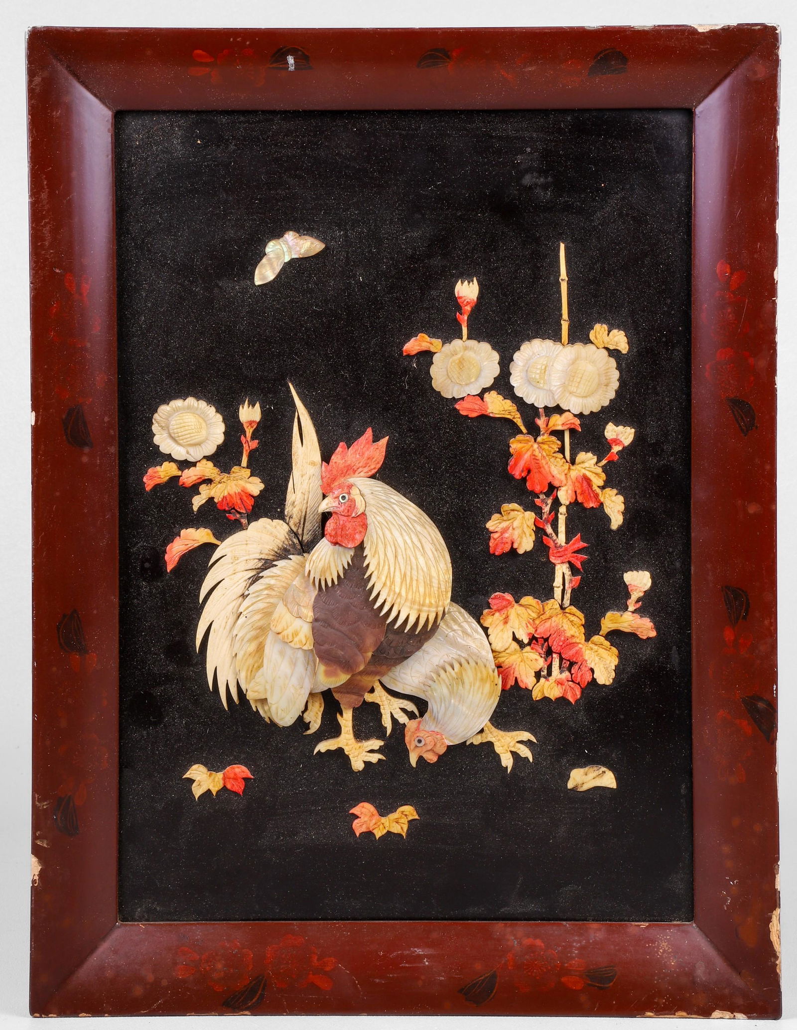 Bone & Mother of Pearl Plaque: Bone & mother of pearl plaque, chickens with flowers & butterfly, painted lacquer frame (chips to edges), 14-1/2" x 11"