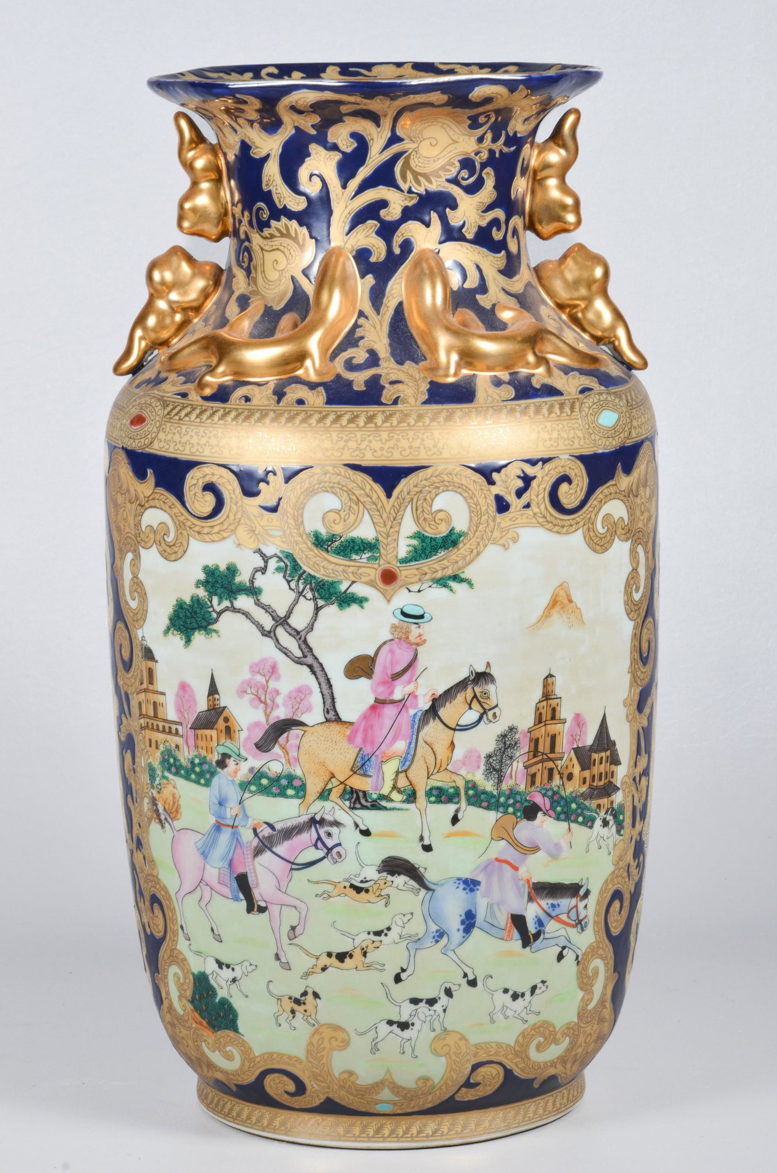 Chinese Porcelain Vase: Chinese porcelain vase, hand painted hunt scenes, raised gilt accents, stylized foo dog handles, unmarked, 18" h