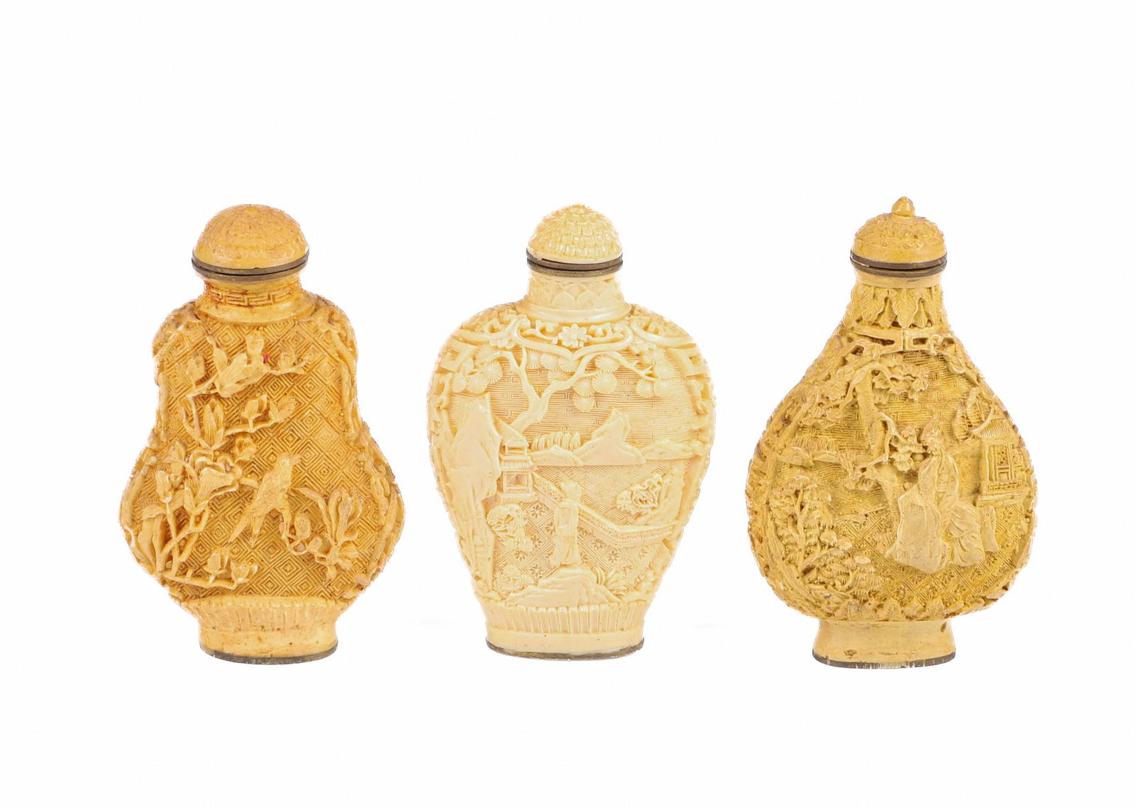 (3) Chinese Carved White Cinnabar Snuff Bottles (1 of 3)