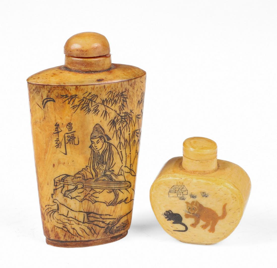(2) Chinese Bone Snuff Bottles: (2) Chinese bone snuff bottles, c/o engraved figure playing musical instrument and woman with pen, calligraphy (3-3/8" h, stopper with spoon), painted cat & mouse and grasshopper (1-5/8" h, stopper wi