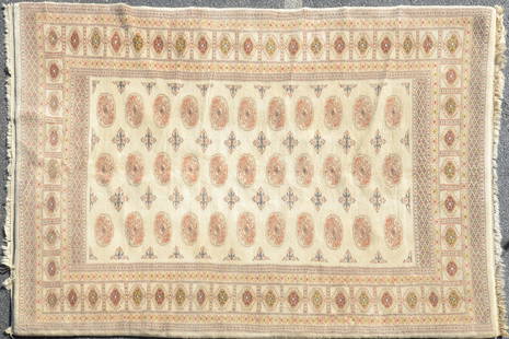 5'10" X 8'7", Pakistan Bokhara Rug: 5'10" X 8'7" Pakistan Bokhara Rug, circa 1970, stains, please see photos for any specific condition concerns.