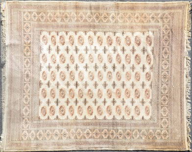 8'3" X 9' Vintage Pakistan Bokhara Rug: 8'3" X 9' Vintage Pakistan Bokhara Rug, good condition, fading, stains, furniture impressions, please see photos for any specific condition concerns.