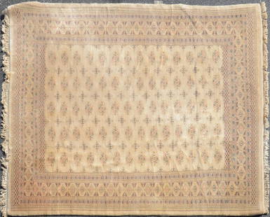 8'3" X 10'1" Vintage Pakistan Bokhara Rug: 8'3" X 10'1" Vintage Pakistan Bokhara Rug, furniture impressions, stains, fading, please see photos for any specific condition concerns.