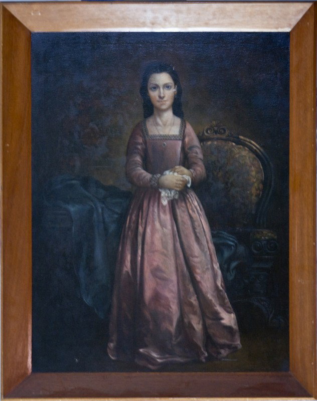 Continental School, 19th/20th c, o/c, Standing Por: Continental School, 19th/20th c, o/c, Standing Portrait of a Young Woman in Victorian Interior, 31 1/2" x 23 3/4", small tear in her cheek, unsigned.