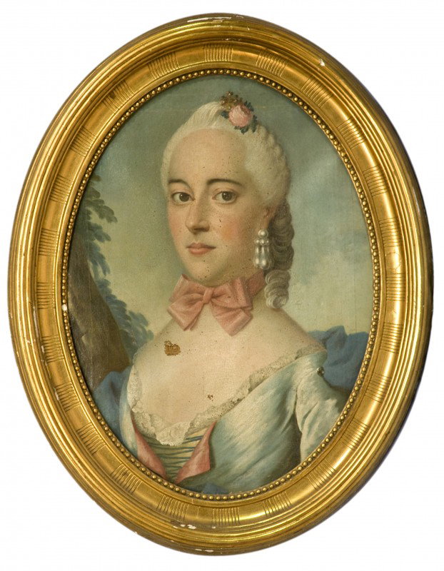 Continental School, 18th/19th c, oval o/c, Portrai: Continental School, 18th/19th c, oval o/c, Portrait of a Lady, oval o/c, , 21" x 15 1/4", 1" puncture, paint flaking throughout, unsigned, inscribed "Horner" verso, gilt frame with some losses