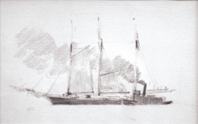 Henry Bayley Snell, 1858 - 1943, New Hope, Pennsylv: Henry Bayley Snell, 1858 - 1943, New Hope, Pennsylvania, (Born Richmond, England), pencil drawing on paper, Steam Schooners, 2 drawings framed together, 3" x 4.5", 1899, from a sketchbook by the artis