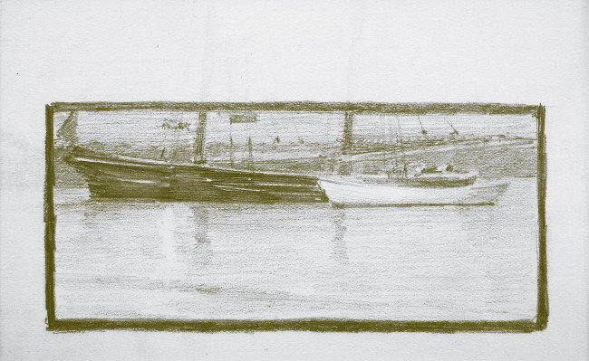 Henry Bayley Snell, 1858 - 1943, New Hope, Pennsylv: Henry Bayley Snell, 1858 - 1943, New Hope, Pennsylvania, (Born Richmond, England), pencil drawing on paper, Five Sailboats / Two Sailboats, 2 drawings framed together , 5.5" x 3.5", 1899, from a sketc