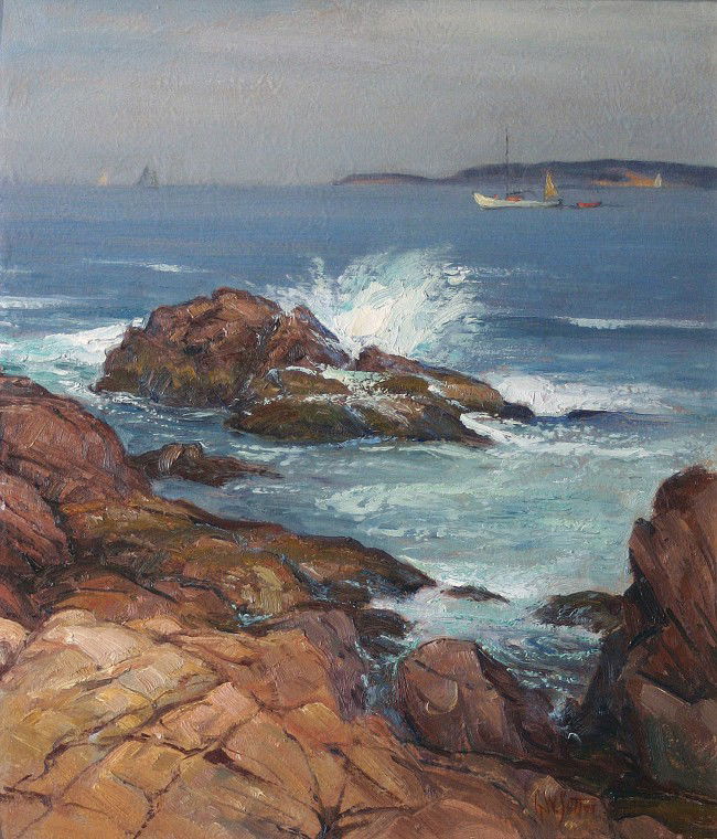 George William Sotter, 1879 - 1953, Holicong, Penn: George William Sotter, 1879 - 1953, Holicong, Pennsylvania,, oil on board, Pigeon Cove, Massachusetts, 16" x 13.5", signed at lower right: "G W Sotter", ca. 1925, 22K reproduction frame, The painting