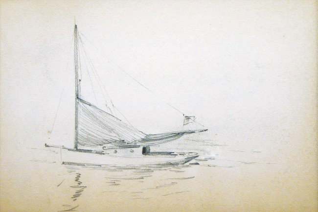 Henry Bayley Snell, 1858 - 1943, New Hope, Pennsyl: Henry Bayley Snell, 1858 - 1943, New Hope, Pennsylvania,(Born Richmond, England), pencil drawing on paper, Sailboat, 4" x 5.75", 1899, from a sketchbook by the artist dated 1899; the artist, by family