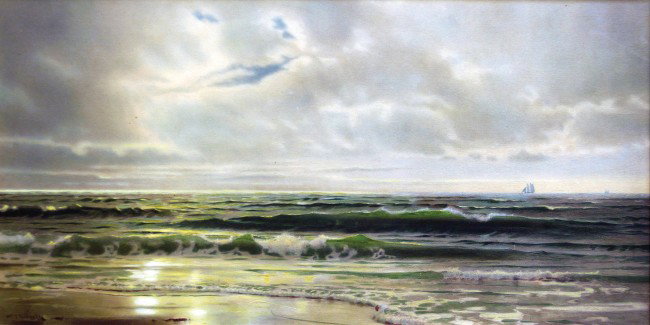 William Trost Richards, 1833 - 1905, Philadelphia,: William Trost Richards, 1833 - 1905, Philadelphia, Pennsylvania, Newport, Rhode Island, watercolor on paper, Beach Scene, 13.25" x 25.5", signed at lower left: "Wm. T. Richards", ca. 1860's, Newman Ga