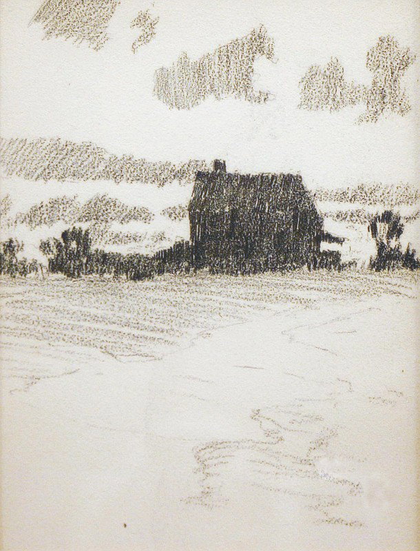 Henry Bayley Snell, 1858 - 1943, New Hope, Pennsyl: Henry Bayley Snell, 1858 - 1943, New Hope, Pennsylvania, (Born Richmond, England), pencil drawing on paper, Landscape with House / Sailboats (reverse), double-sided, 4.5" x 3.5", 1899, from a sketchbo