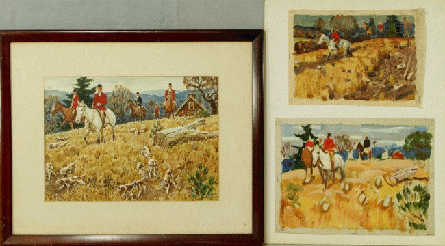 Richard Baldwin, American, PA, b 1920, (4) works, : Richard Baldwin, American, PA, b 1920, (4) works, oil on canvas and w/c & mixed media on paper, Hunt Scenes and Sleigh in Snow, largest 10" x 14", one framed, Baldwin is an illustration and commercial