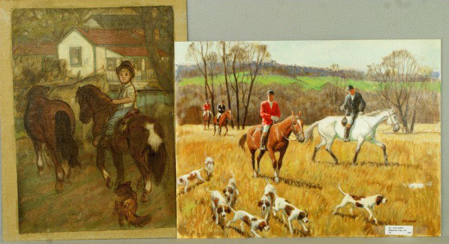 Richard Baldwin, American, PA, b 1920, (4) works, : Richard Baldwin, American, PA, b 1920, (4) works, oil on board and w/c on paper, largest measures 18" x 24" titled "Fox Hunt" from Willistown Twp., PA, Baldwin is an illustration and commercial artist