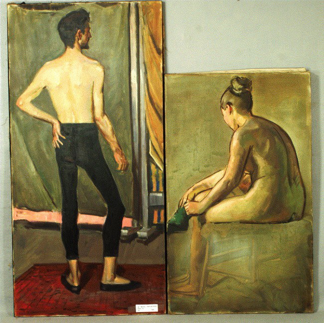 Richard Baldwin, American, PA, b 1920, (2) works, : Richard Baldwin, American, PA, b 1920, (2) works, oil on canvas, Male/Female Models, PAFA, 39" x 19", 30" x 18", unframed, Baldwin is an illustration and commercial artist and was the first art direct