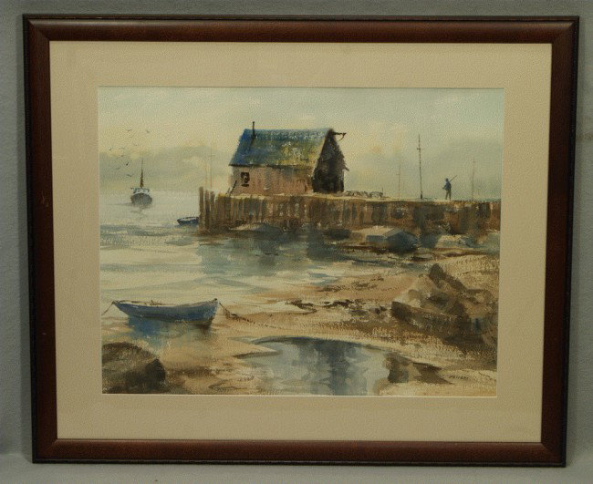 John Clifford Pellew, American, CT, 1903- 1993, w/c: John Clifford Pellew, American, CT, 1903- 1993, w/c on paper, Boathouse on Dock with Boats , 18 1/2" x 24", signed lower right, recently framed and matted