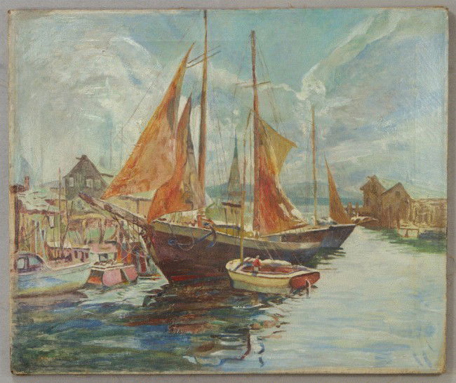 Jane Peterson, American, New York, 1876-1965, oil: Jane Peterson, American, New York, 1876-1965, oil on canvas, Fishing Boats at a Dock, 20" x 24", signed lower left, unframed, no repairs apparent