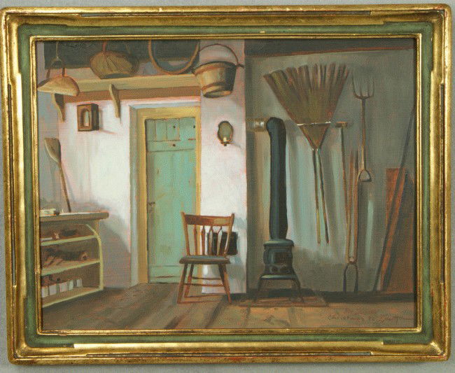 Peter Sculthorpe, American, PA, b 1948, oil on art: Peter Sculthorpe, American, PA, b 1948, oil on artist board, Potting Shed Interior, 7" x 9", inscribed lower right " To Susan, Christmas, '92, P Sculthorpe", framed