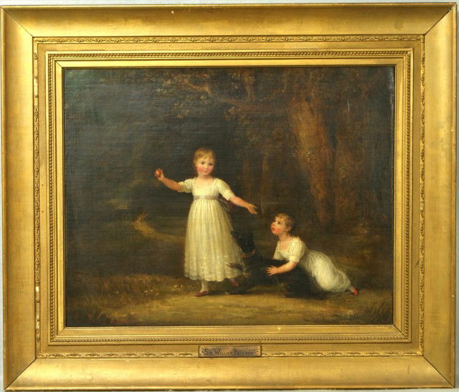 Sir William Beechey, British, 1753-1839, o/c, 17": Sir William Beechey, British, 1753-1839, o/c, 17" x 21", 2 young girls with a dog, pencil signed verso on stretcher, brass tag with artist's name on front of frame, canvas not signed, excellent origin