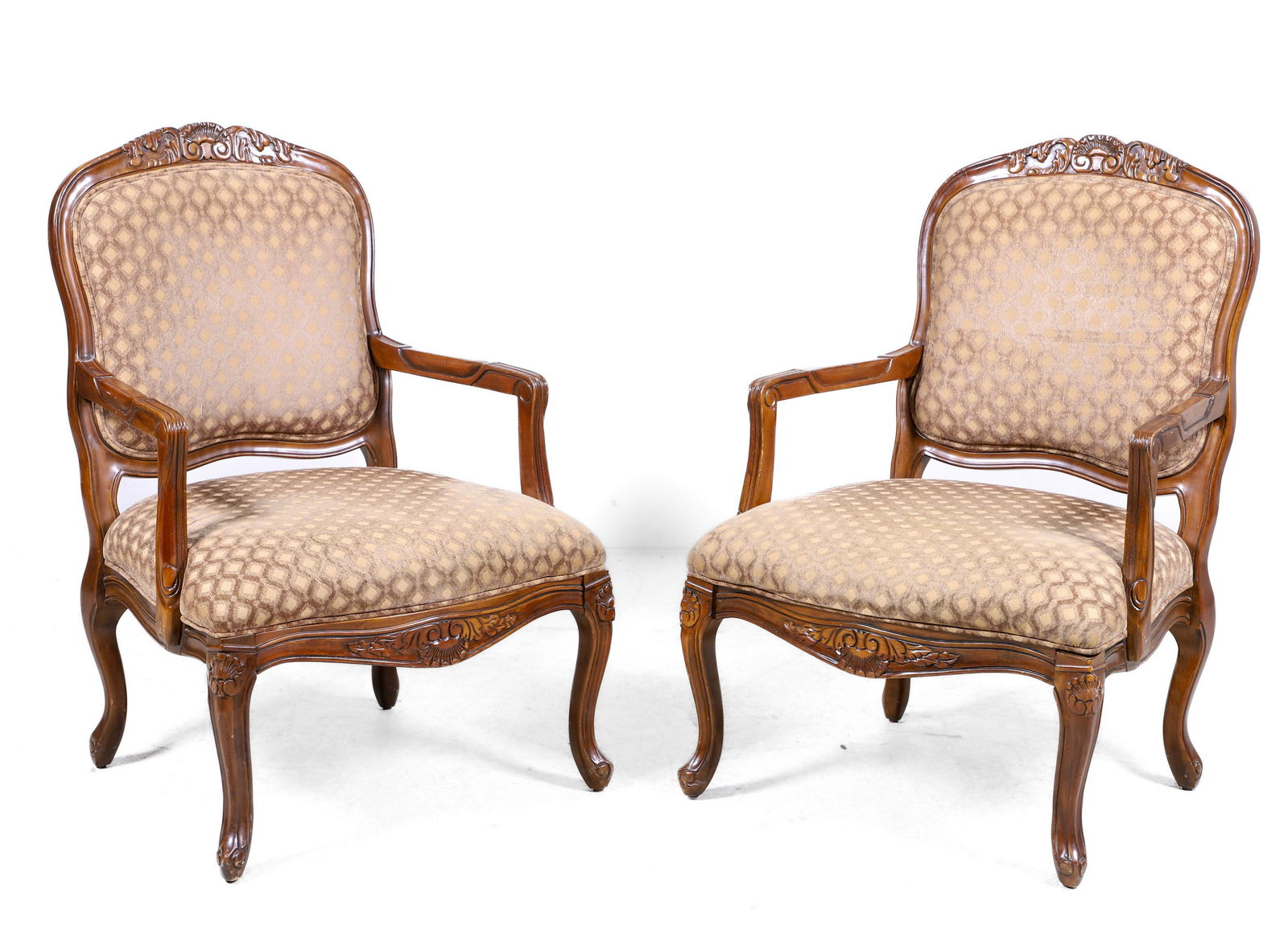 Pair French style walnut carved open armchairs (1 of 3)