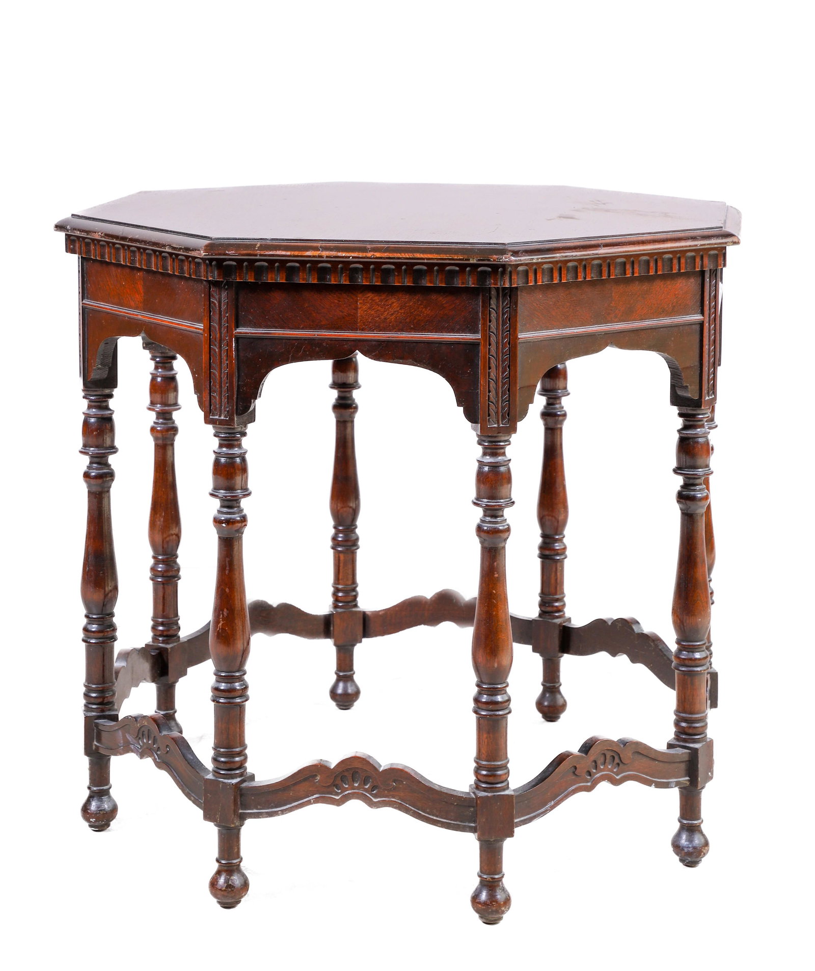 Mahogany octagonal center table: Mahogany octagonal center table, turned stretcher, 29"h x 31"diameter