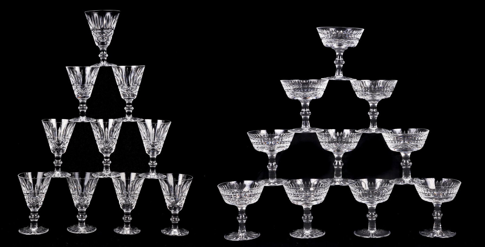 (20) Waterford White Wine and Coupe Glasses: (20) Waterford white wine and coupe glasses to include (10) coupes, 4-1/2"H and (10) white wine glasses, 5-1/8"H, in Tramore.