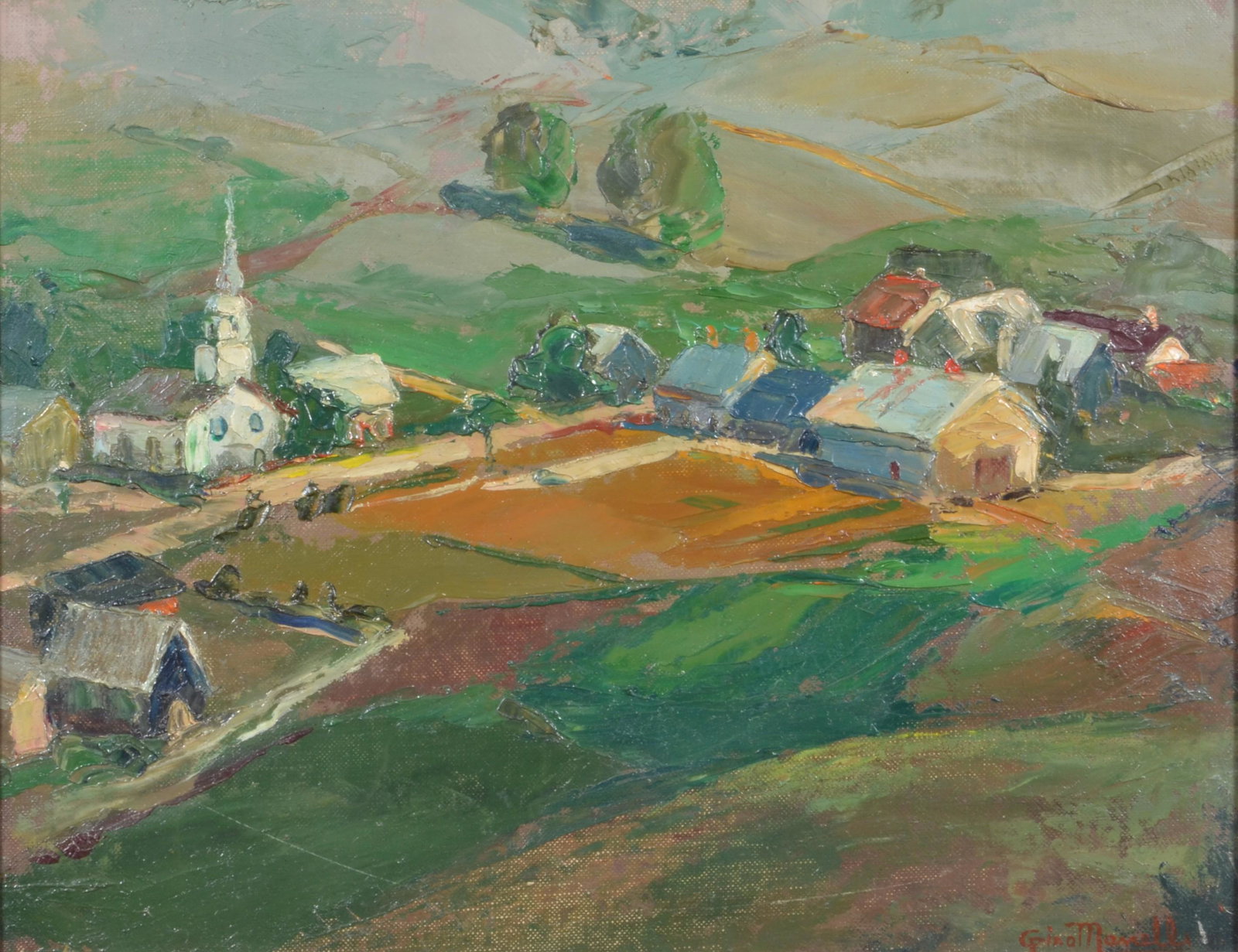 Gino Manelli Landscape Painting: Gino Manelli (American, 1915-2010) landscape painting, oil on board, signed "Gino Manelli", 11" x 14", framed 14-1/4" x 17-1/4", very good condition